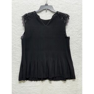 Apt. 9 Black Ribbed Pleated Sleeveless Top Lace Shoulders‎ V-Neck Blouse XS